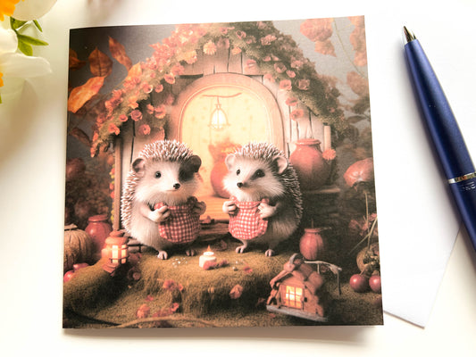 Cute Hedgehogs Woodland Animals Greetings Card & Bookmark