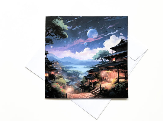 Cosy Japanese mountain village at night Greetings Card