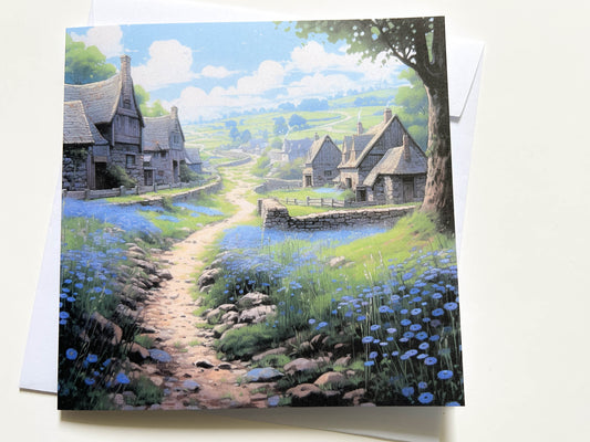 Celtic medievel village with Forget me nots Greetings Card