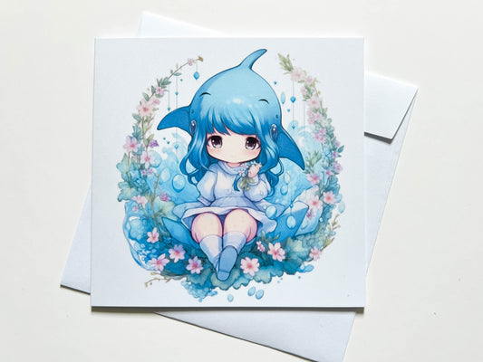 Cute Ocean Anime Girl with a Whale Hat Greetings Card