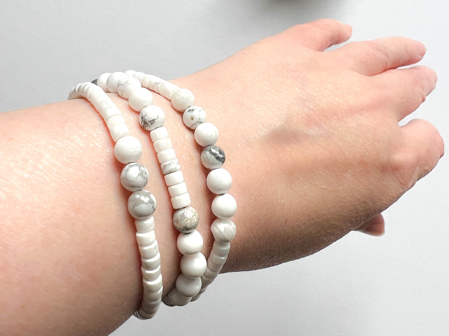 Set of 3 Cool White polished stone bead bracelet - stretch - jewellery