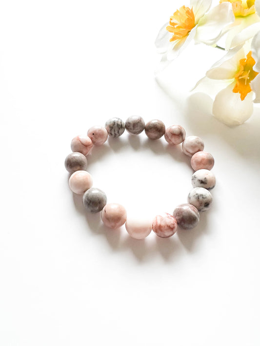 Pink & Grey Jasper stone bead stretch bracelet