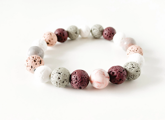 Pink & Grey Lava stone bead bracelet - stretch - essential oil diffuser jewellery