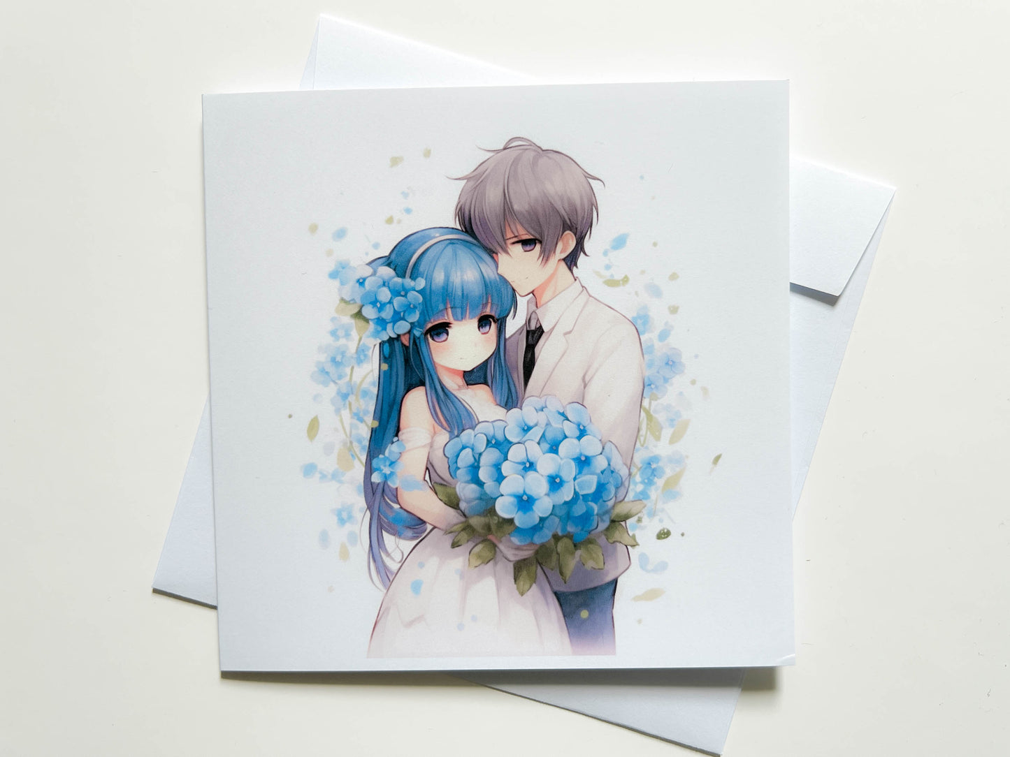 Blue Anime style Bride & Groom Wedding Card