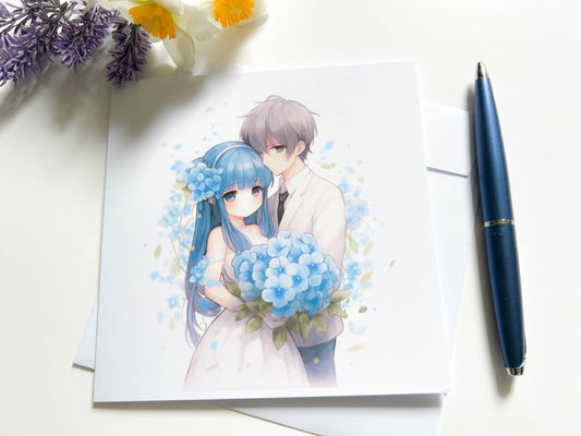 Blue Anime style Bride & Groom Wedding Card