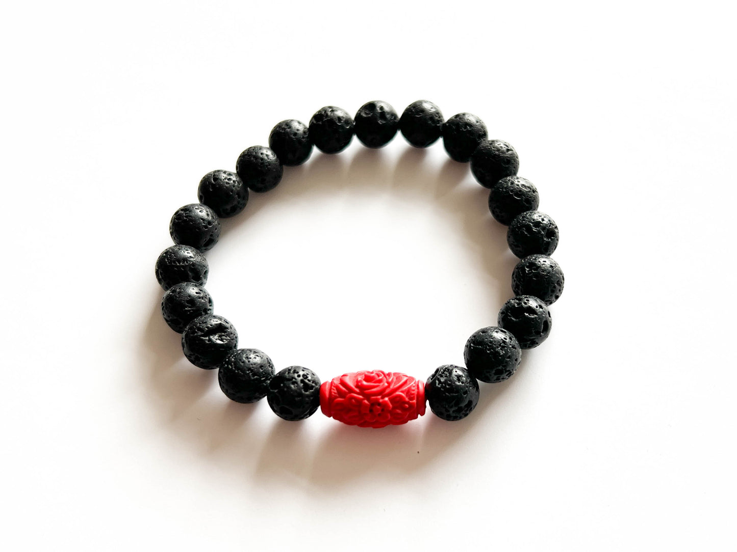Black Lava stone and red flower bead bracelet - stretch - essential oil diffuser jewellery