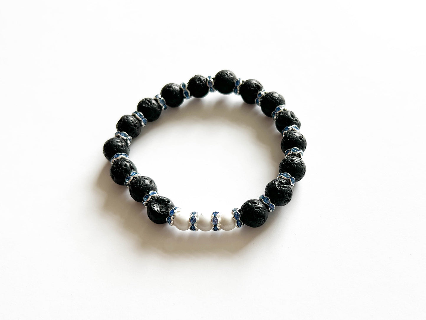 Black Lava stone bead bracelet with blue rhinestones - stretch - essential oil diffuser jewellery