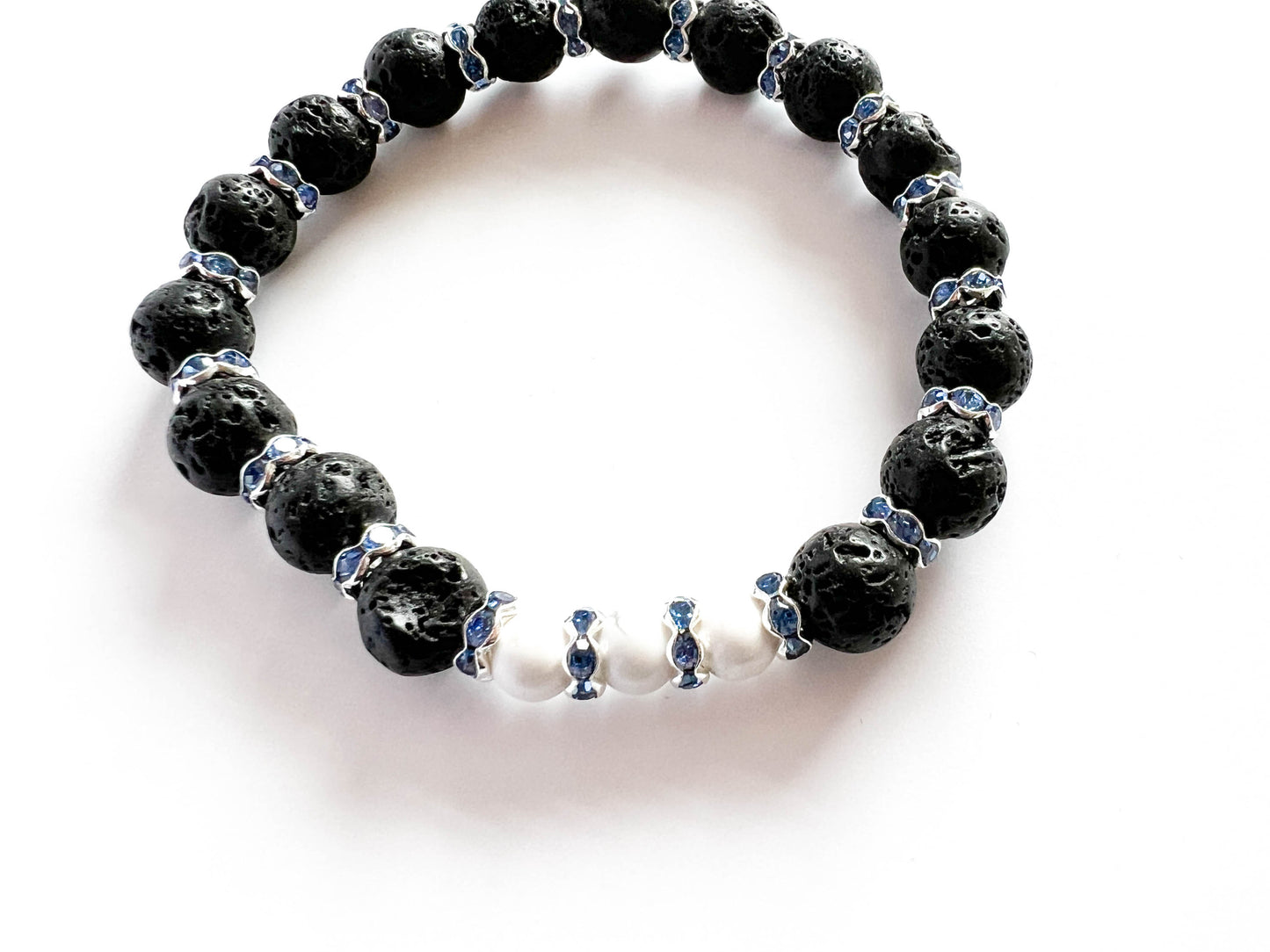 Black Lava stone bead bracelet with blue rhinestones - stretch - essential oil diffuser jewellery