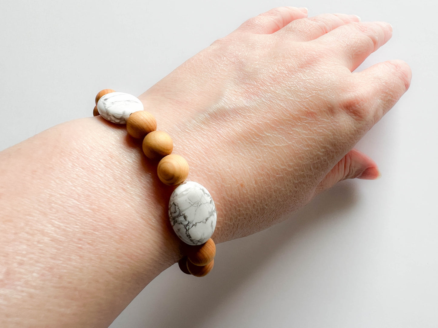 Cedar wood & White Marbled stone bead stretch bracelet