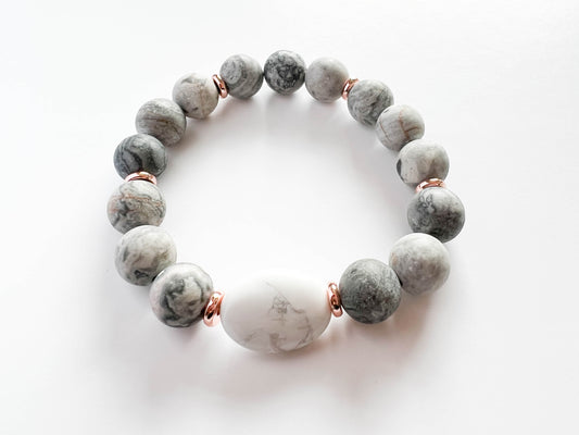 Grey & White Marbled stone bead stretch bracelet