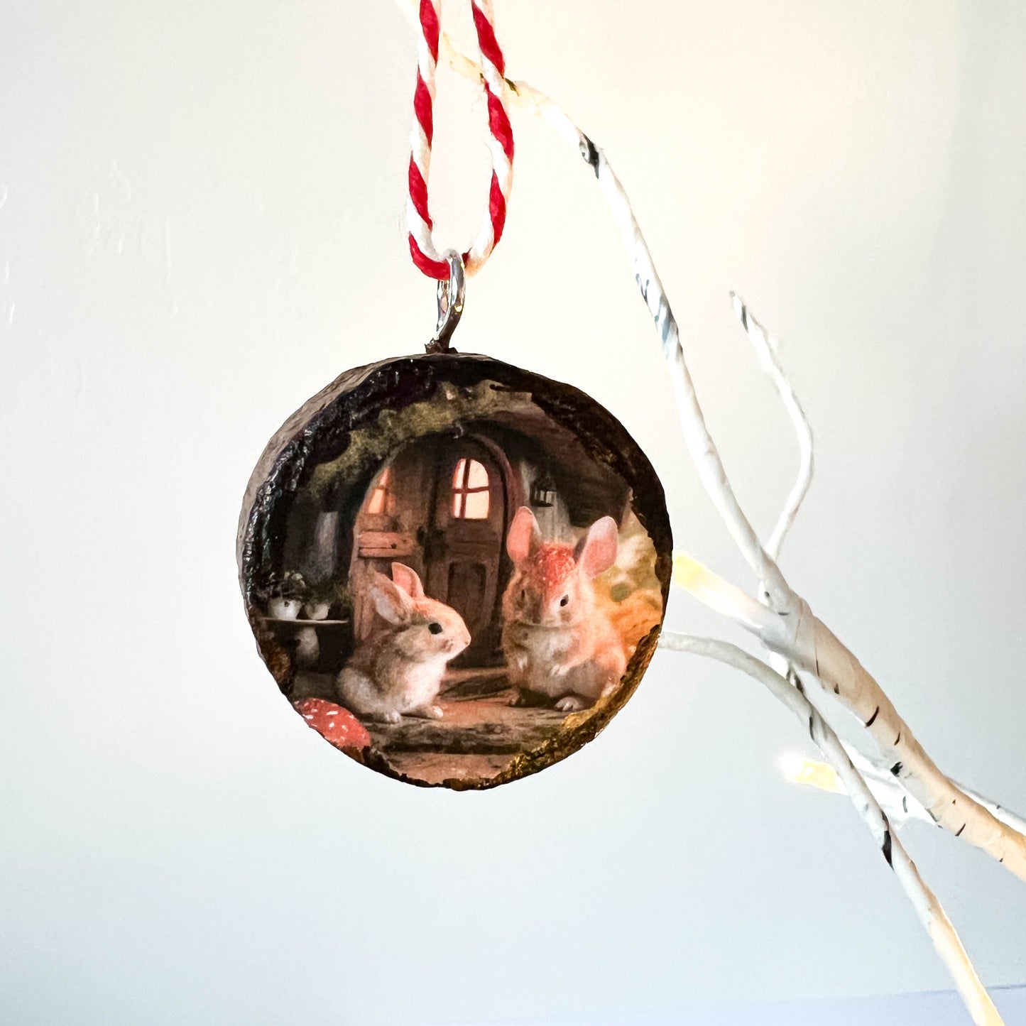 Woodland Rabbits - Wooden Christmas hanging tree ornament Diffuser