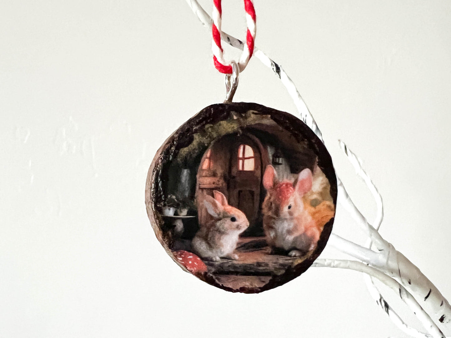 Woodland Rabbits - Wooden Christmas hanging tree ornament Diffuser