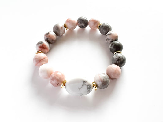 Pink & Grey Marbled stone bead stretch bracelet