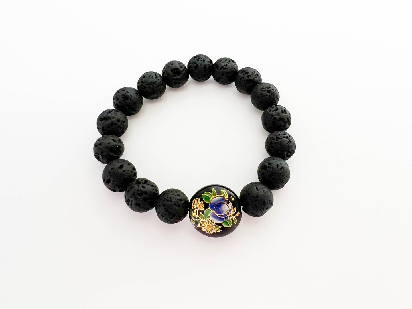 Black Lava stone flower bead bracelet - stretch - essential oil diffuser jewellery