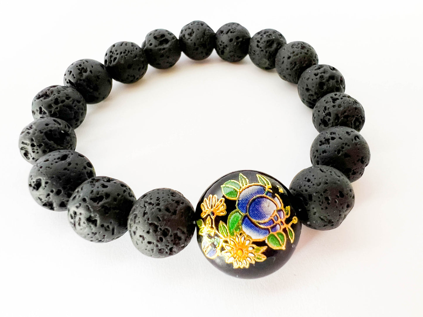 Black Lava stone flower bead bracelet - stretch - essential oil diffuser jewellery