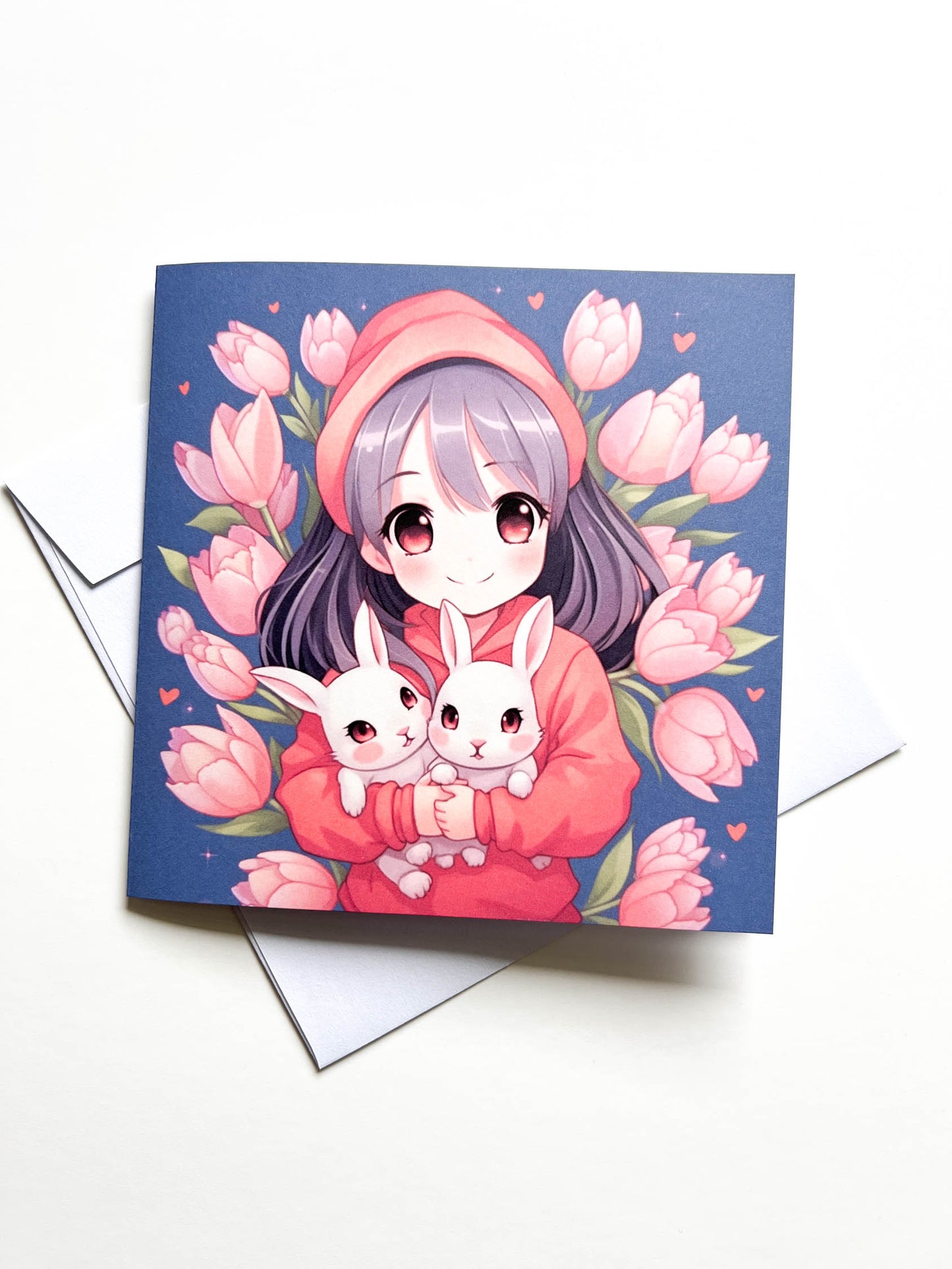 Anime girl with spring pink tulips and cute baby bunny rabbits Greetings Card
