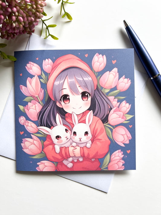 Anime girl with spring pink tulips and cute baby bunny rabbits Greetings Card